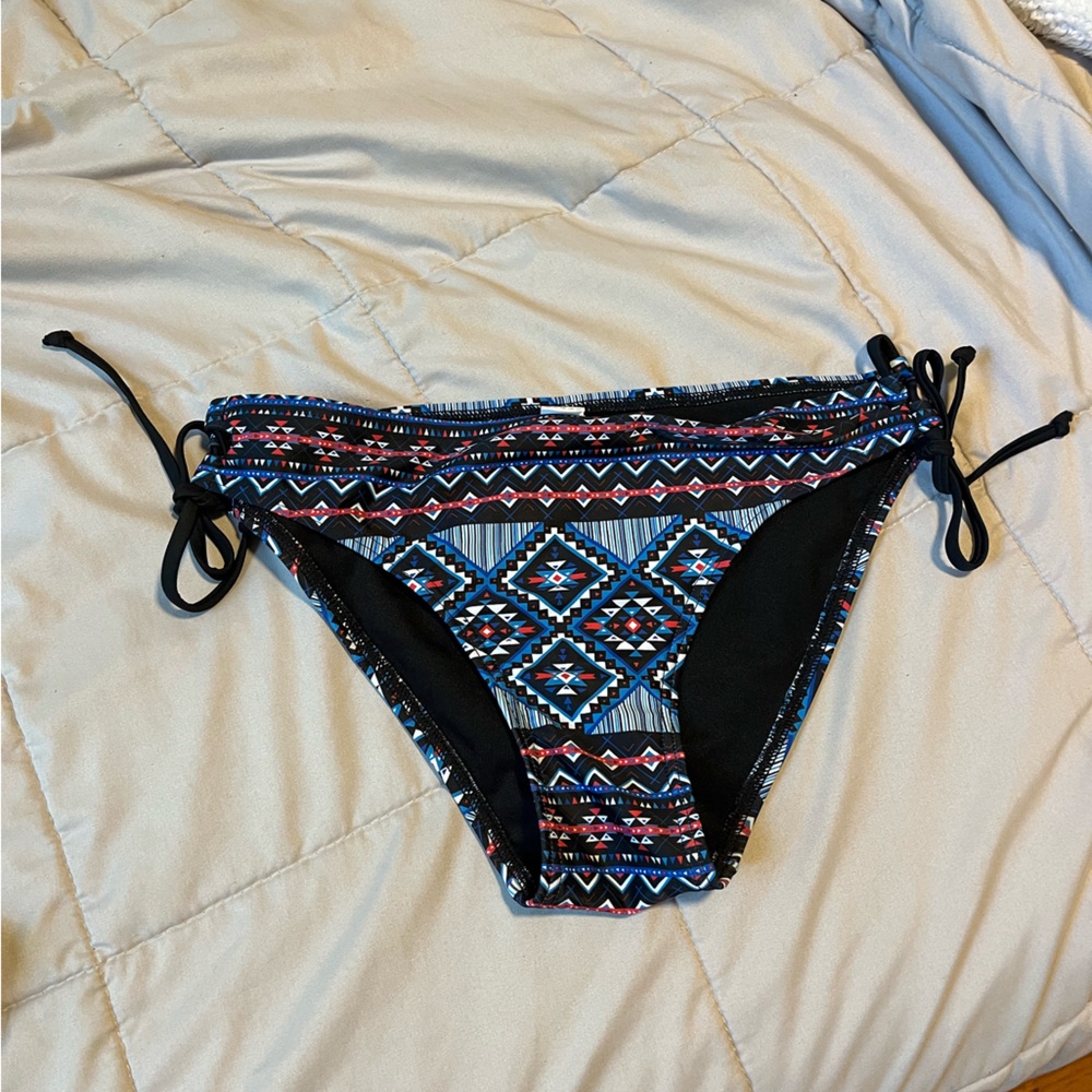 Bikini Bottoms, Women sz S, multi-color blue pattern, cute cross-cross tie sides